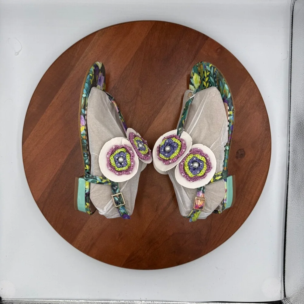 Betsey Johnson Cindii Floral Crochet Flower Pearl Flat Sandals Bright Multi Sz.8 - Picture 10 of 13
